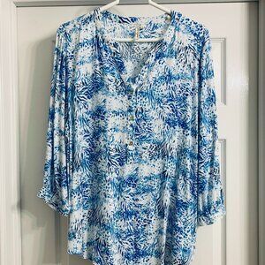 Grand & Greene Brand Women's Blue and White Rayon Blouse, Size L
